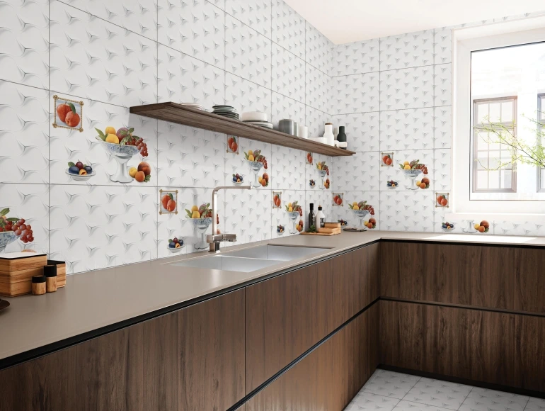 Stylish kitchen backsplash design showcasing fruit-themed patterns.